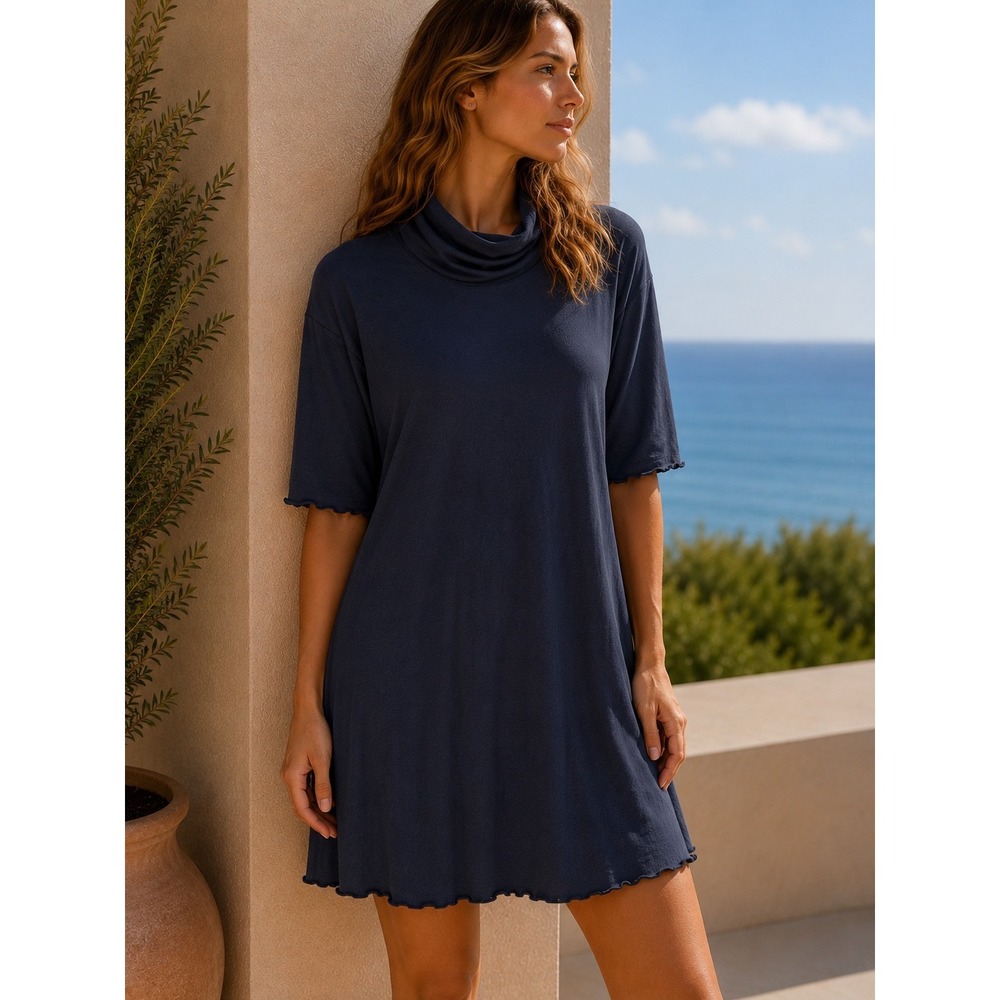 Alabama Chanin Tunic Women L Navy Blue Organic‎ Cotton Funnel Neck Pockets W-101